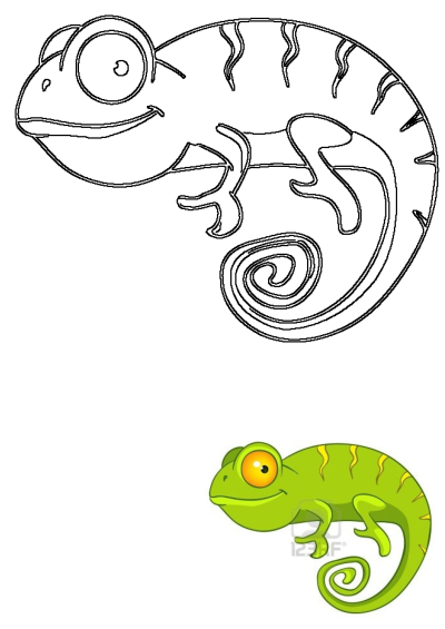 A vibrant green cartoon chameleon with yellow markings, smiling, with a curled tail, isolated on white, alongside a matching chameleon outline drawing.