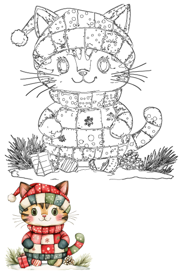 Adorable watercolor patchwork Christmas cat illustration with a festive hat and scarf, sitting in snow with gifts and pinecones.