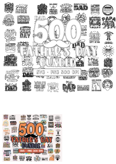 Massive 500 Fathers Day SVG PNG DXF bundle of digital designs. Includes quotes like 'Proud Father', 'World's Coolest Dad', 'Papa Bear' for crafts.