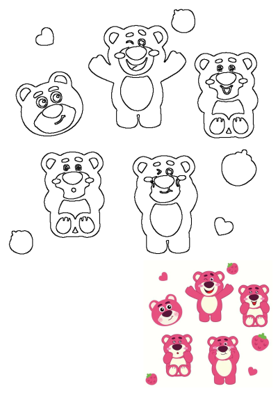 Lotso Bear cartoon characters featuring black outlines and vibrant pink illustrations, alongside hearts and strawberries.