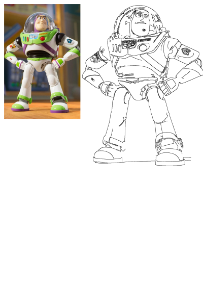 A Toy Story Buzz Lightyear action figure standing proudly on a wooden surface, alongside its detailed black and white line art outline.