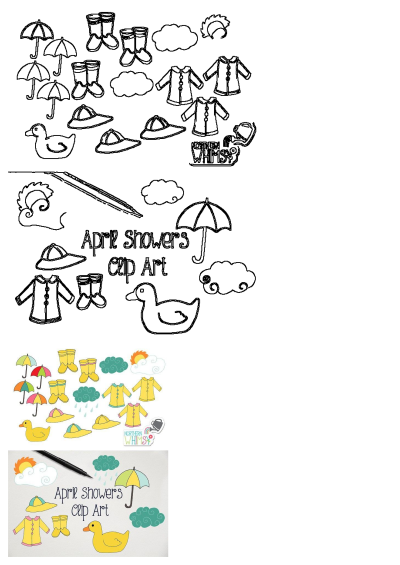 Spring showers clip art with colorful and outline illustrations of children's rain gear, umbrellas, raincoats, boots, hats, and ducks.