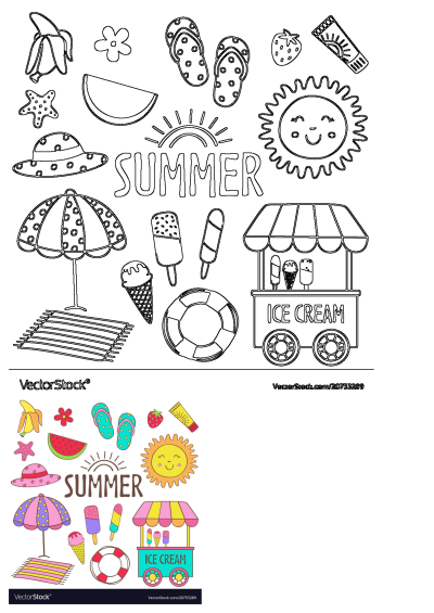 Summer cartoon illustration with elements like sun, ice cream, flip-flops, beach umbrella, watermelon. Available as outlines and vibrant colored icons.