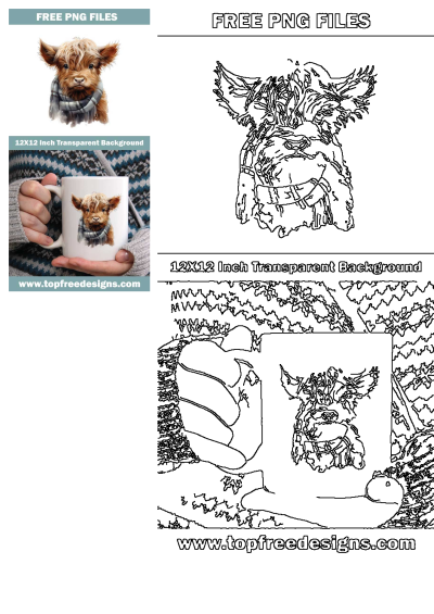 Adorable Baby Highland Cow Clipart featuring a cute fluffy calf with a scarf. Free PNG with transparent background, great for mugs, crafts, and outline designs.