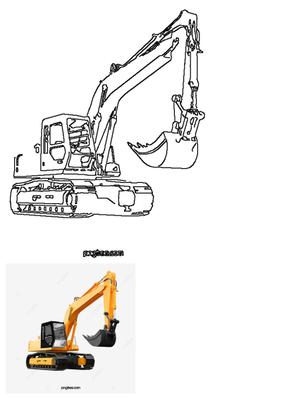 A detailed image featuring an orange and black excavator construction machinery alongside its black outline drawing.