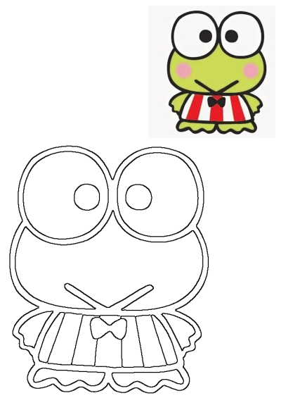 Cute Keroppi cartoon frog in a striped shirt. This image features a black and white outline drawing with a small colored reference.