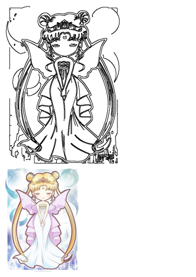 Chibi Sailor Moon Princess Serenity fan art line drawing featuring blonde hair, crown, elegant gown, and flowing details.