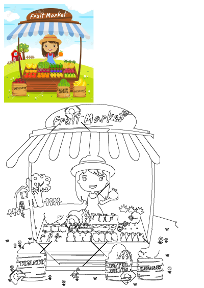 A happy cartoon girl sells fresh fruits and vegetables like bananas, watermelons, and tomatoes from her lively outdoor fruit market stall.