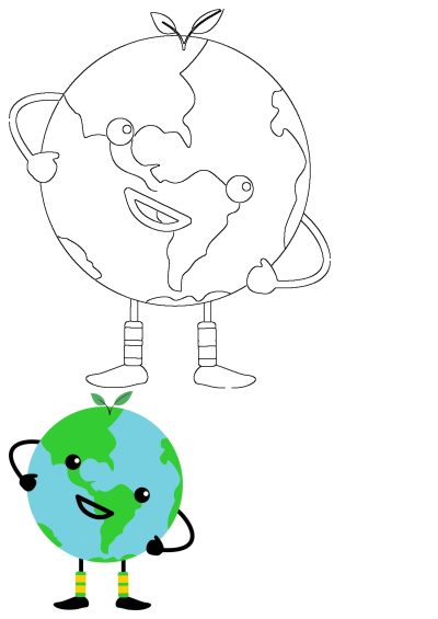 A cute, happy cartoon Earth emoji, green & blue, with arms & leaves. Includes colored & outline versions for Earth Day, save the planet.