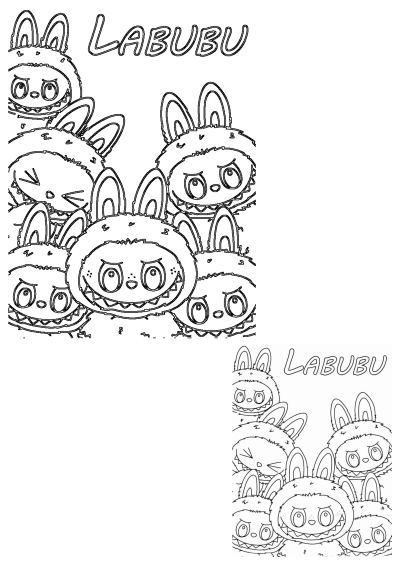 Intricate line art illustration depicting several mischievous Labubu characters, each with prominent bunny ears and a toothy grin.