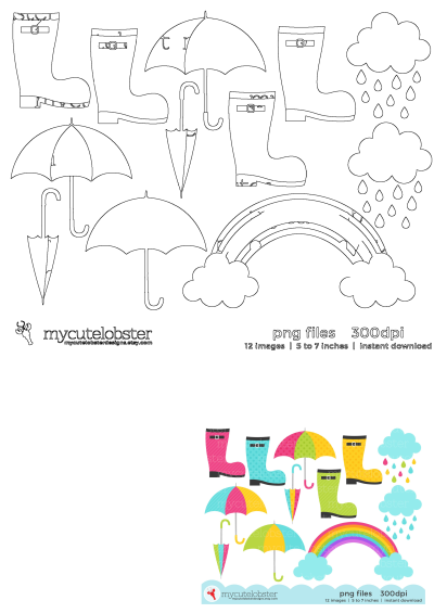 Colorful and outline rain boots, umbrellas, rainbows, and clouds clipart, perfect for kids' t-shirts, crafts, and spring designs.