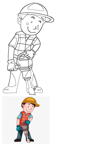 Happy cartoon worker using a jackhammer, dressed in a hard hat, safety vest, and gloves. Includes outline and colored clipart.