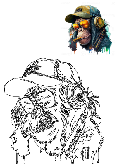 Vibrant and outlined depiction of a cool monkey wearing a cap, sunglasses, headphones, and smoking a cigarette.