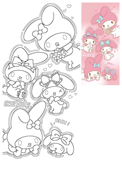 Cute My Melody Sanrio characters on a pink background with hearts and text, shown as a colorful illustration and line art.