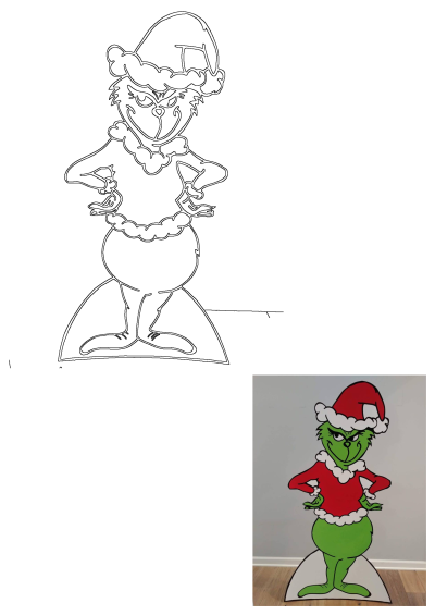 Grinch Santa hat cardboard cutout, green with red suit and hands on hips, displayed next to its original black line art template.