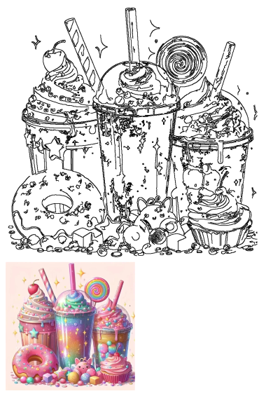 Vibrant painting of colorful cupcakes, donuts, sweet drinks with whipped cream, lollipops, and various candies for dessert lovers.