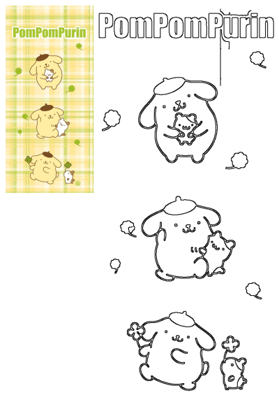 Pompompurin and friends on a plaid background, featuring both colorful illustrations and clear line art outlines of the characters.