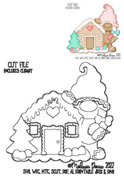 Charming winter gingerbread house and gnome clipart. Includes a colored illustration and outline SVG cut file for holiday crafts.
