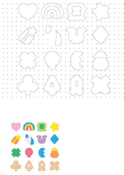 Lucky Charms marshmallows colorful cartoon shapes. Features outlines for tracing on a dotted grid, plus vibrant colored examples like hearts and rainbows.