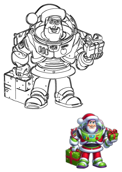 Buzz Lightyear dressed as Santa Claus holding Christmas presents. Festive cartoon outline of the Toy Story character with a Santa hat and beard.