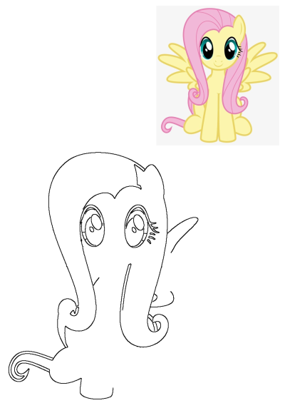 A full-color illustration of Fluttershy, a cute yellow My Little Pony character, next to a black outline drawing.