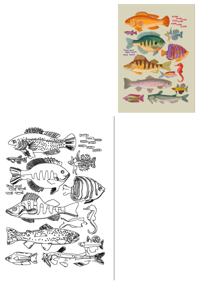 Vibrant collection of colorful fishes and diverse aquatic creatures including a seahorse, perfect as a cheerful nursery art print.