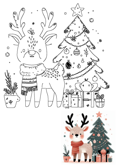 A charming holiday scene with a cute reindeer wearing a scarf, a festive Christmas tree adorned with ornaments, and presents.