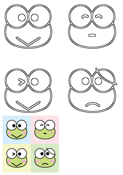 Cute Keropi Frog faces show various kawaii emotions: happy, winking, blushing, and sad. Features outlines and colored illustrations.