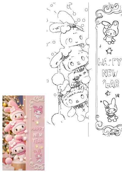 Pink My Melody stuffed animals in festive winter hats and scarves, peeking around a 'Happy New Year' sign adorned with stars.