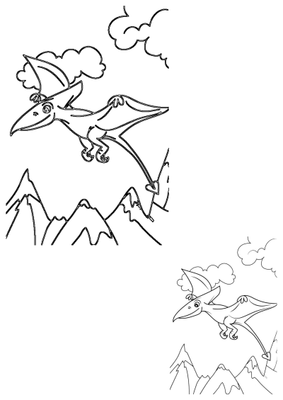 A cheerful cartoon pterodactyl with big wings flies above rugged mountains, with fluffy clouds in the sky, ready to be colored.