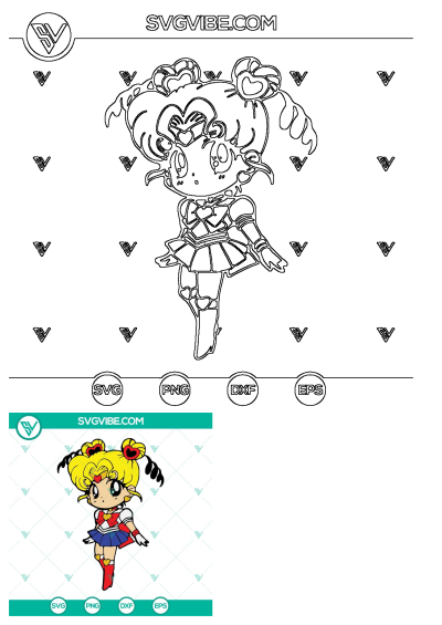 Adorable Chibi Sailor Moon vector design in outline and colored versions. Perfect SVG, PNG, DXF, EPS files for Cricut crafts.