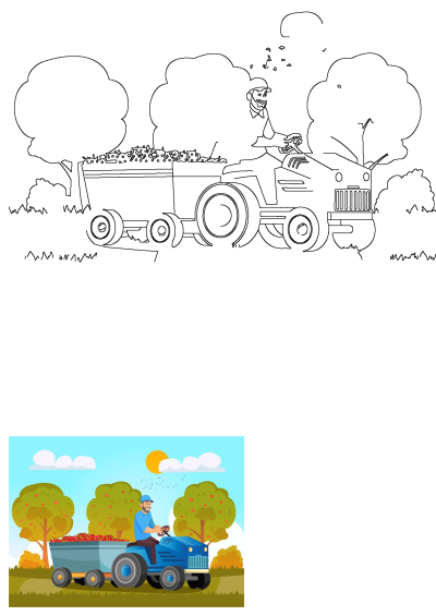 A cartoon farmer drives a blue tractor with a trailer full of red apples through a vibrant apple orchard, celebrating autumn harvest.