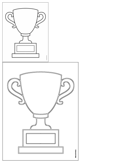 A black and white outline drawing of a classic trophy with ornate handles and a blank base for personalization.