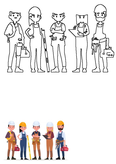 A diverse cartoon construction team wearing hardhats and overalls, holding various tools like toolboxes, a level, and wires, ready to work.