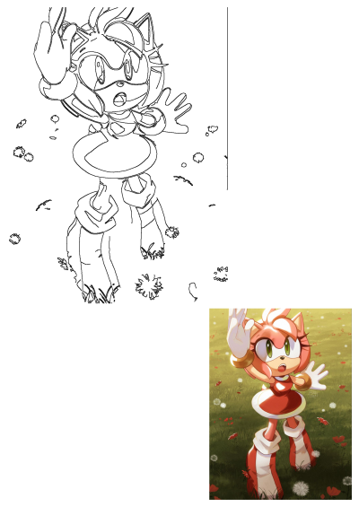 Amy Rose, the pink hedgehog from Sonic, looks startled in a vibrant flower field with red poppies and white dandelions, in cartoon art style.