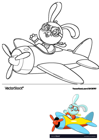 A cheerful cartoon rabbit pilot in goggles and scarf flying a propeller airplane. Includes an outline and a colorful version.