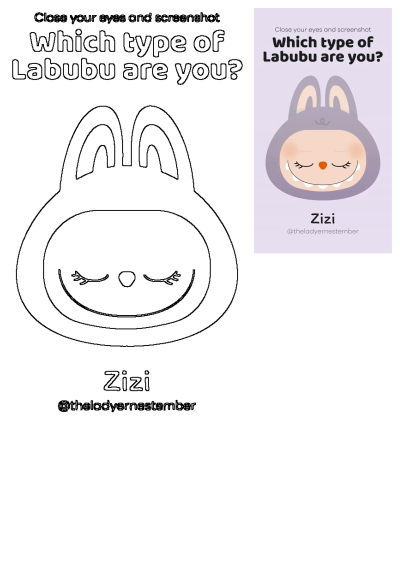 Cute Labubu Zizi character in a 'Which Labubu Are You' screenshot game, featuring a line art outline and a colored image.