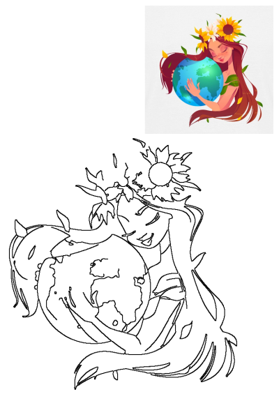 A woman with sunflowers in her hair lovingly hugs the Earth, symbolizing environmental protection, sustainability, and care for our planet.