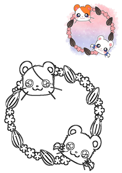 Cute cartoon hamsters, including an orange and white one, peeking from a flower seed necklace, Seviyummy artwork. Also features line art.