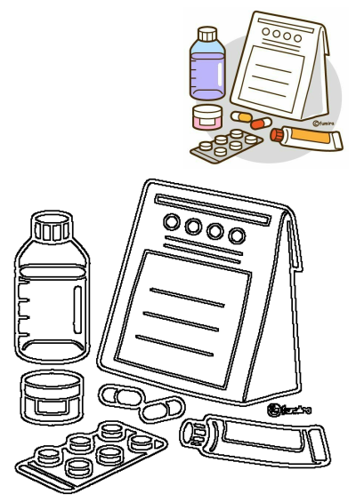 Cartoon illustration depicting diverse medications: liquid, pills, capsules, ointment, and a prescription document. Essential healthcare items.