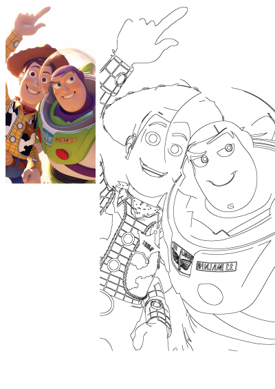 Woody and Buzz Lightyear from Toy Story, smiling and waving. This image features both a vibrant colored version and a black and white outline.