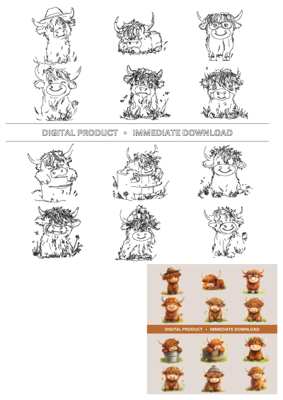 Highland cow watercolor and line art clipart bundle for t-shirt designs. Features adorable fluffy cows in various poses with hats, glasses, and flower crowns.