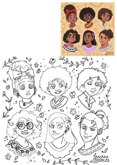 Encanto Characters Fanart Diverse Women Red Bow. Colorful portraits of Madrigal family members, plus a black and white outline version for coloring.