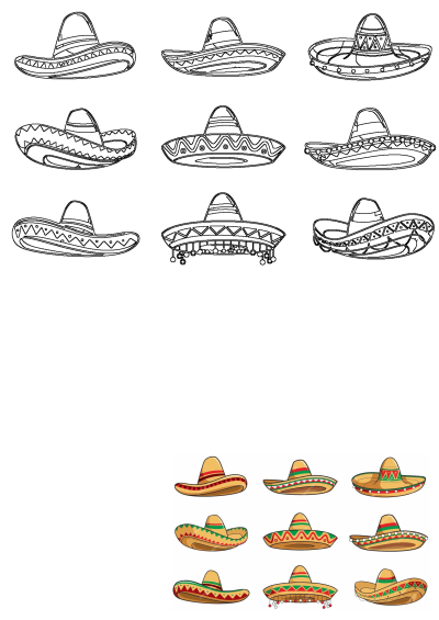 Discover a vibrant collection of Mexican sombrero hats, featuring both lively colorful designs and their matching detailed black and white outlines.