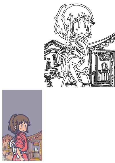 Spirited Away fan art featuring Chihiro and No-Face at a gazebo. Includes both a line art drawing and a colored version.