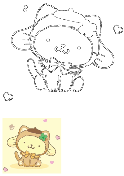 A cute cartoon cat with a bow and hearts, presented as a black outline drawing perfect for coloring activities.