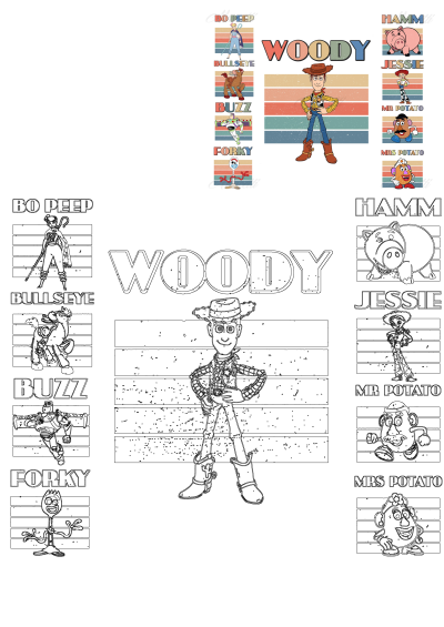 Toy Story Woody And Friends Characters with both vibrant color illustrations and outline drawings, perfect for crafts and art projects.