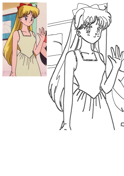Sailor Venus, a cartoon girl with long blonde hair and a red bow, wears a light green dress, waving. The image includes her outline and another woman.