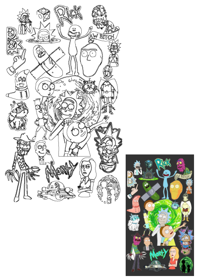 Rick and Morty character fan art collage with vibrant illustrations of Rick, Morty, Pickle Rick, Mr. Meeseeks, Beth, Jerry, and other iconic figures.