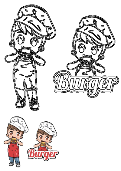 Cute cartoon chef character wearing a chef hat and apron, happily eating a delicious burger. Features line art and colored illustrations.